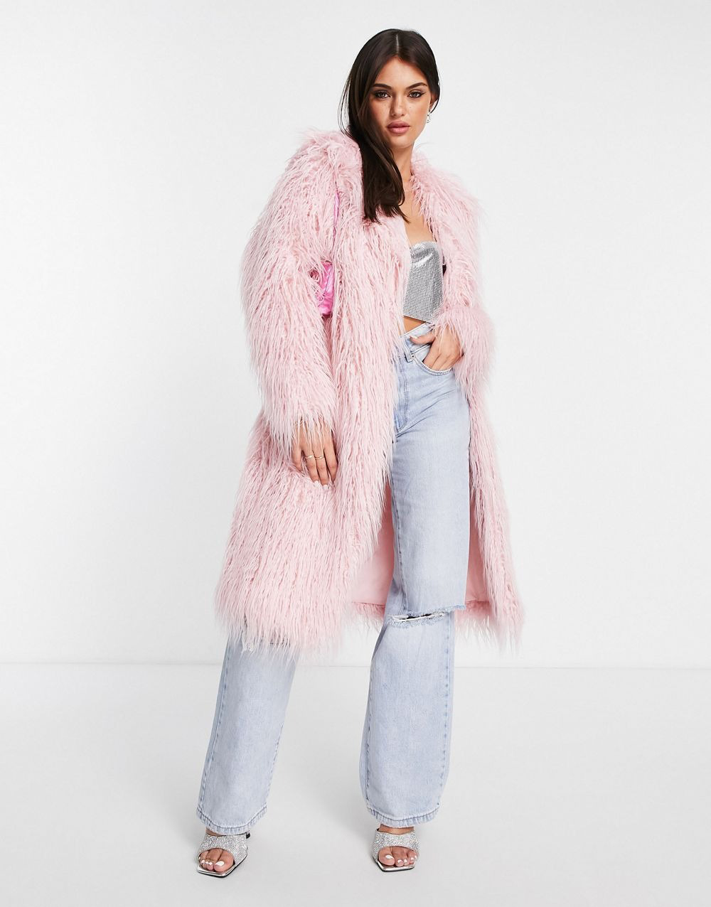 Faux Longline Coat in Light Pink - Image 2